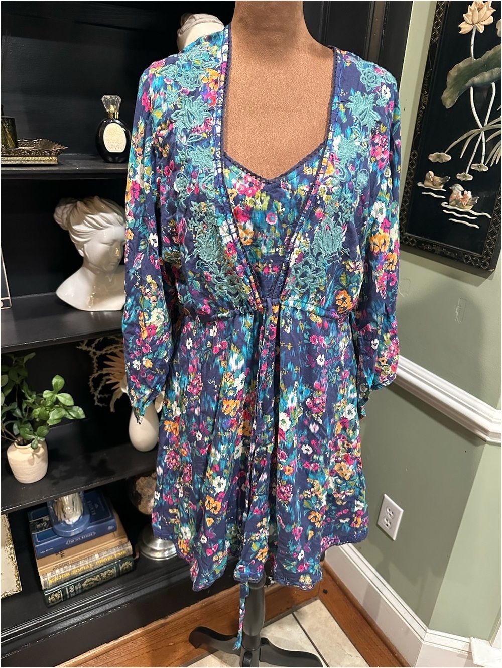 Sundance Blue Floral Slip Dress & Pullover Robe Loungewear Set – Size XS